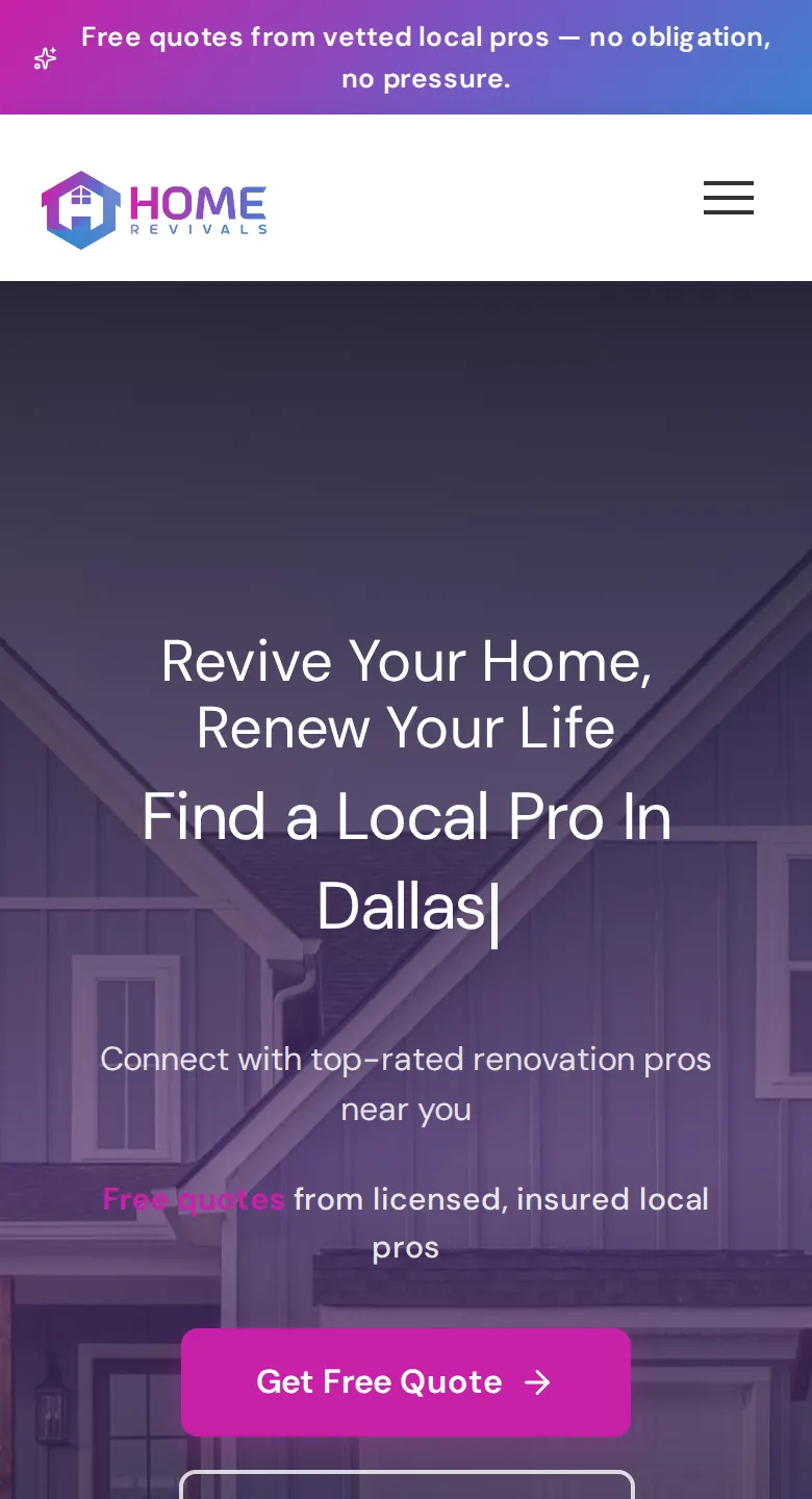 Home Revivals landing page on a phone