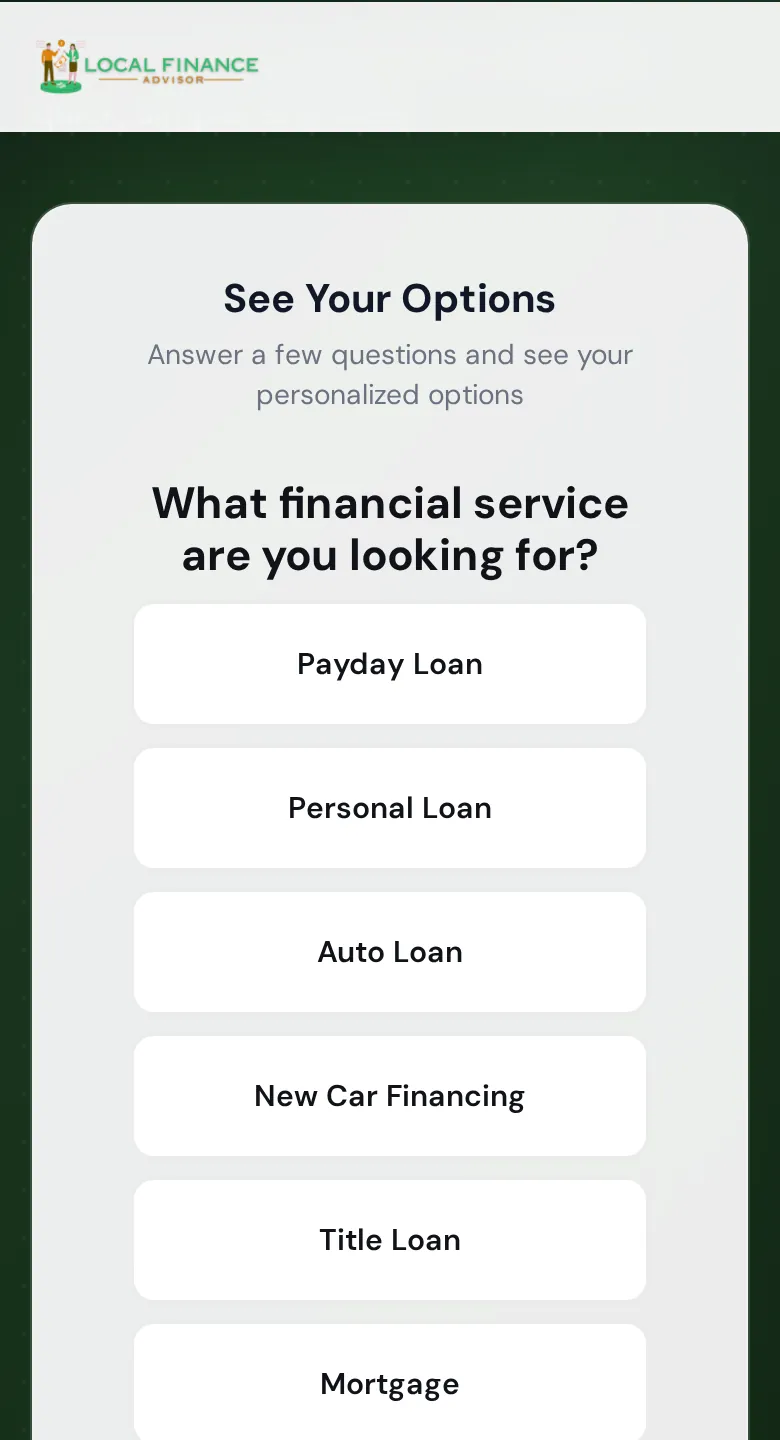 Local Finance Advisor landing page on a phone