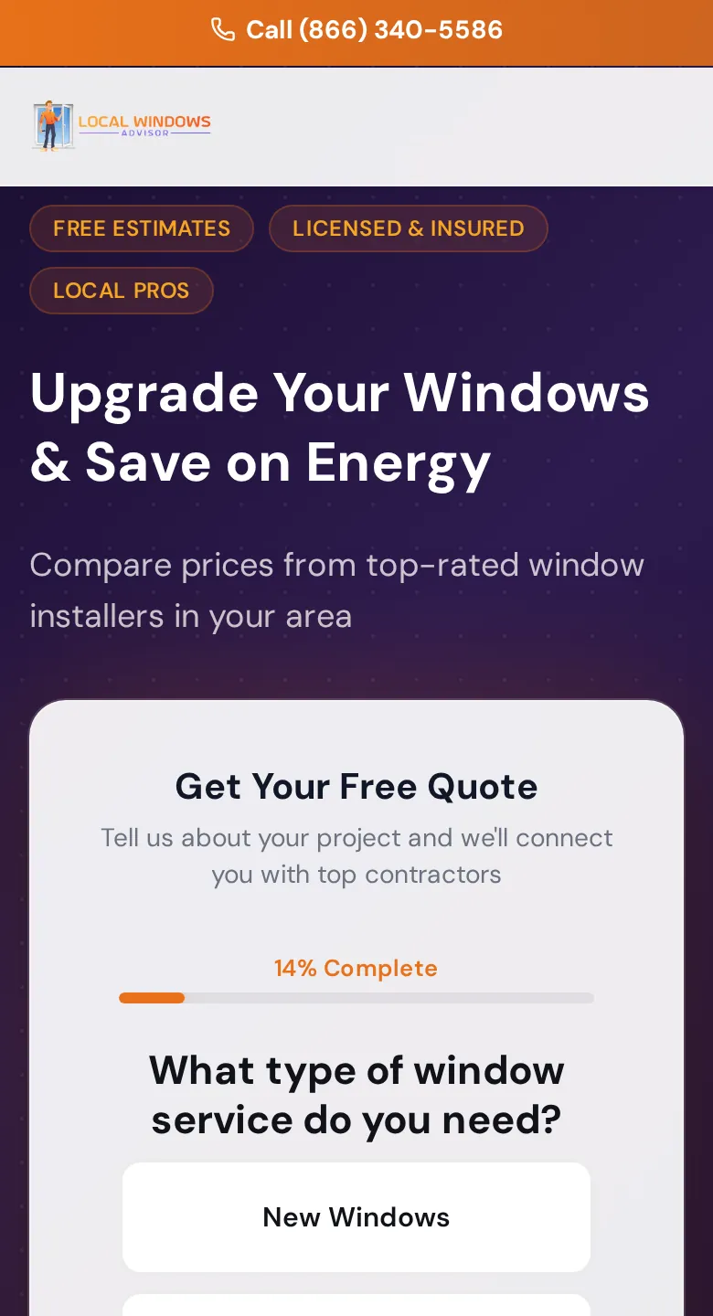 Local Windows Advisor landing page on a phone