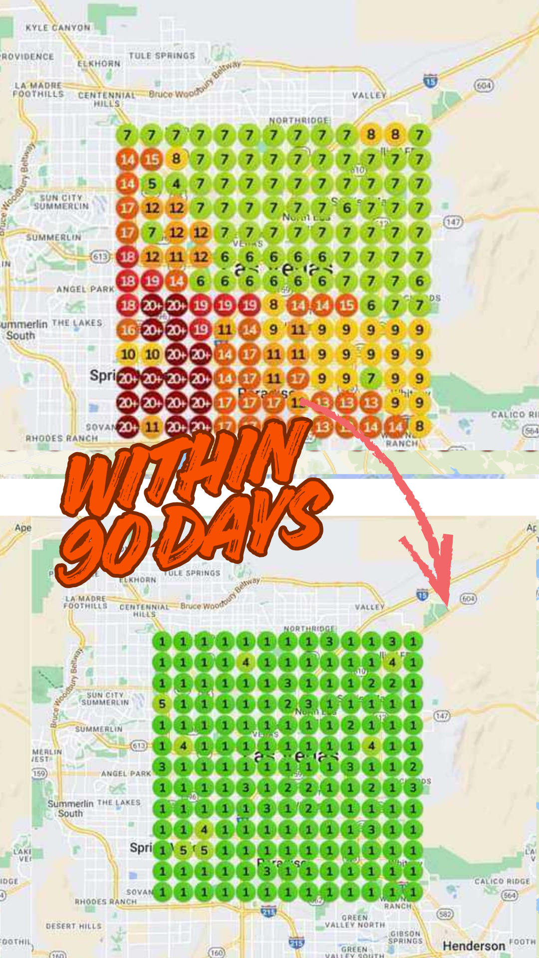 Before and After SEO Ranking Map - Las Vegas Area